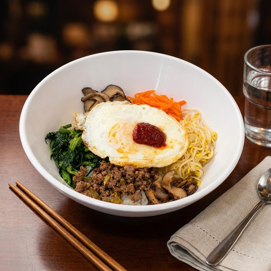 The same bibimbap bowl relit into a brighter menu image on a warm restaurant table, with the rice, vegetables, beef, and egg unchanged