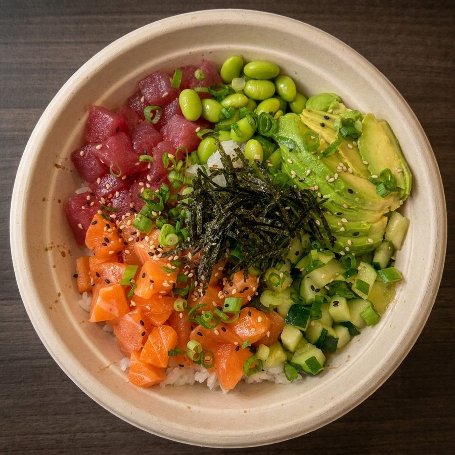 The same poke bowl cleanly relit into a brighter, more appetizing menu photo, with the tuna, salmon, avocado, edamame, and cucumber unchanged