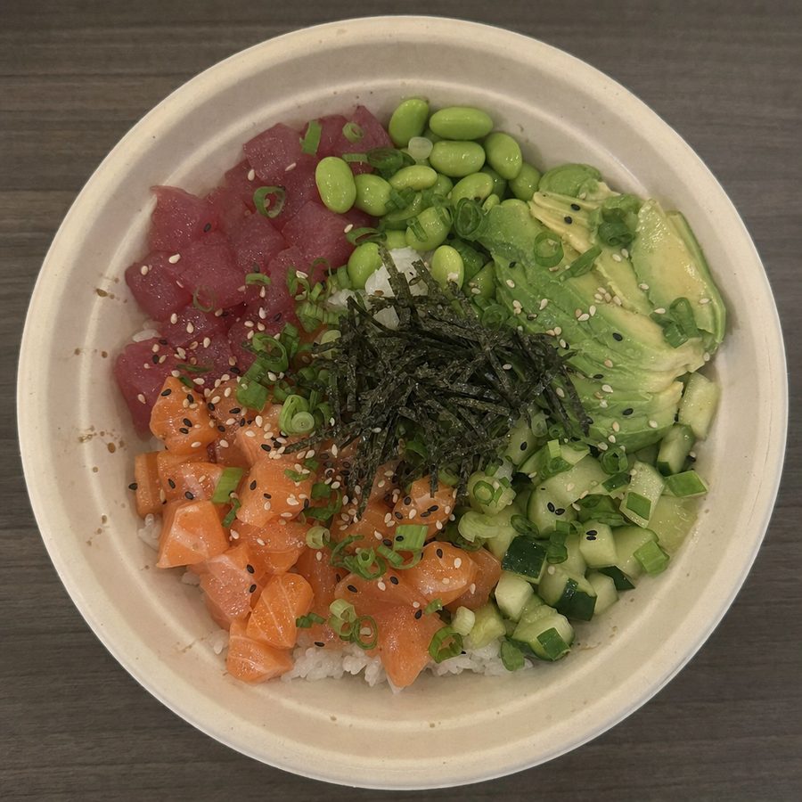 A poke bowl shot from directly overhead in flat, dull light before editing