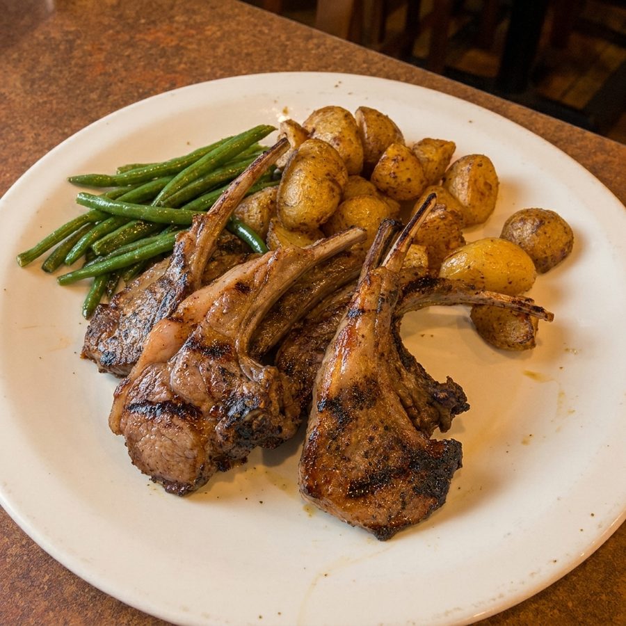 The same lamb chops with the exposure and yellow cast corrected into a brighter, cleaner menu photo, the chops and their green beans and potatoes unchanged