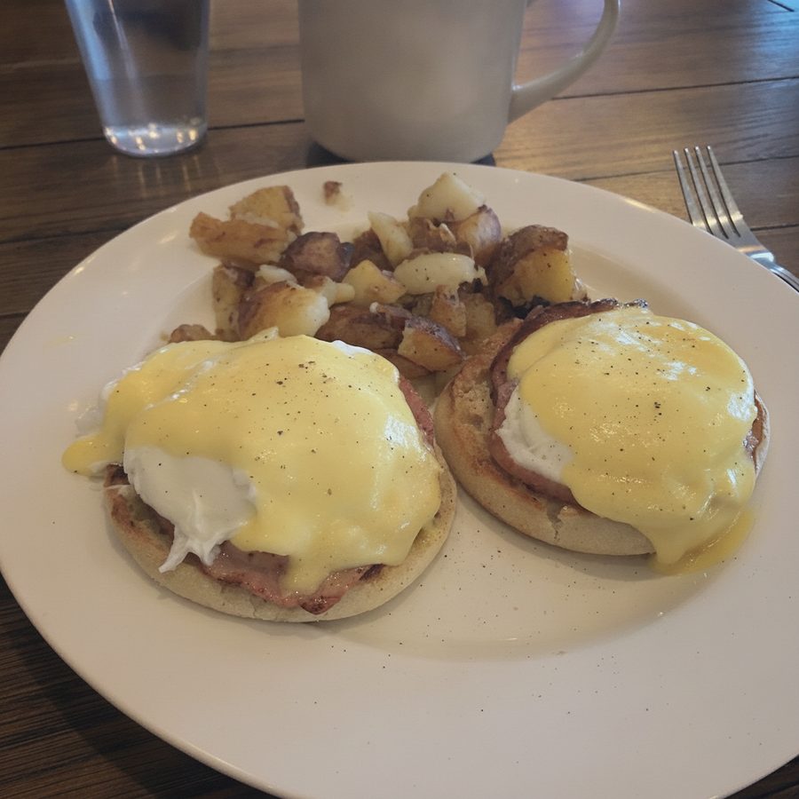 A plate of eggs Benedict shot in dim warm cafe light, then balanced and brightened while the poached eggs, hollandaise, and side potatoes stay unchanged on the same table