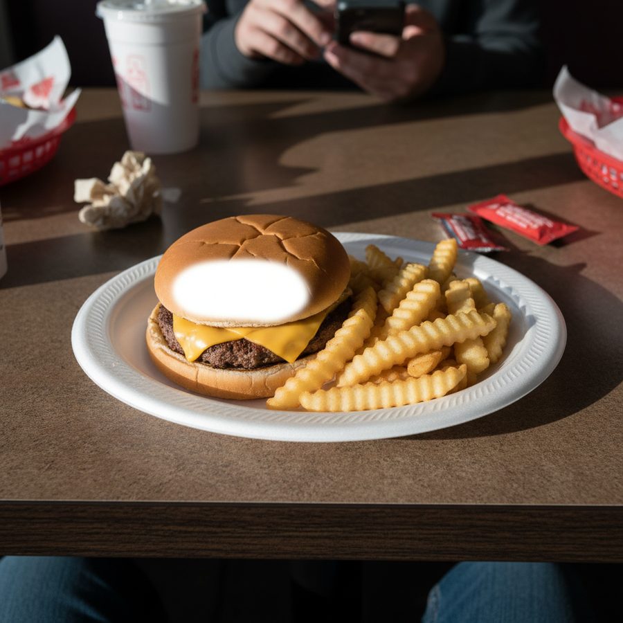 Restaurant burger photographed on a phone before menu image cleanup