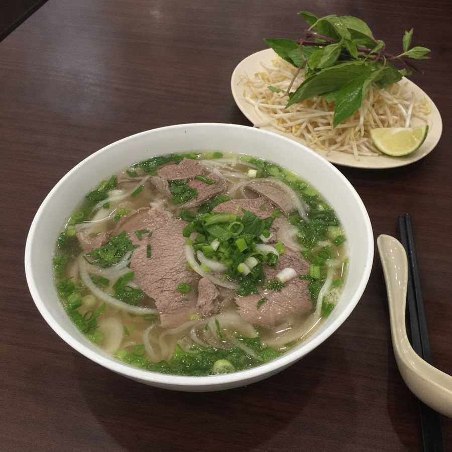 A bowl of beef pho shot under flat overhead light, then brightened and color-corrected while the noodles, beef slices, and herb garnish stay unchanged on the same restaurant table