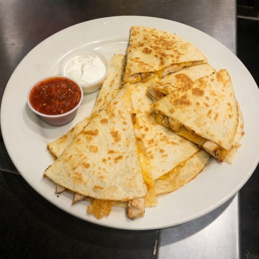 The same quesadillas after brightening and color correction, the plate and its salsa and sour-cream dips unchanged, for a clear menu photo