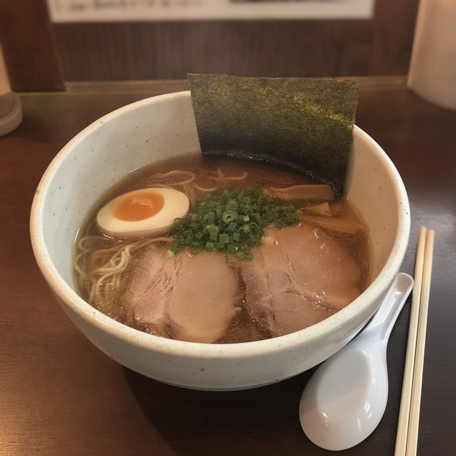 The same ramen bowl relit into a bright, appetizing menu photo with chopsticks and a spoon set beside it