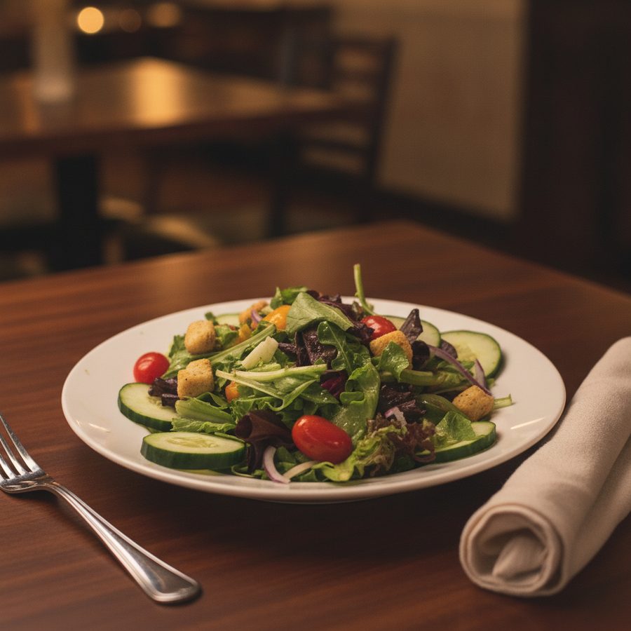 The same salad on a clean, softly blurred restaurant table, relit into a menu-ready composition