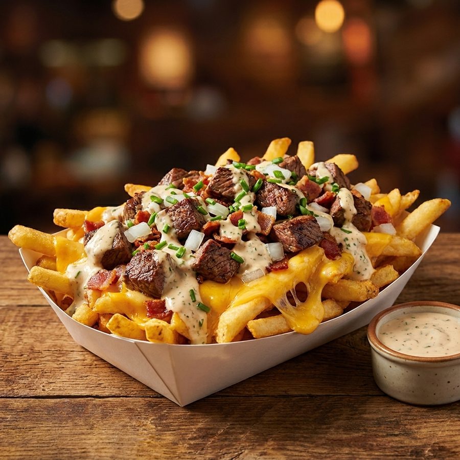 The same tray of loaded fries relit and restyled for a menu listing with a cheese pull, bacon, chives, and a ranch dip