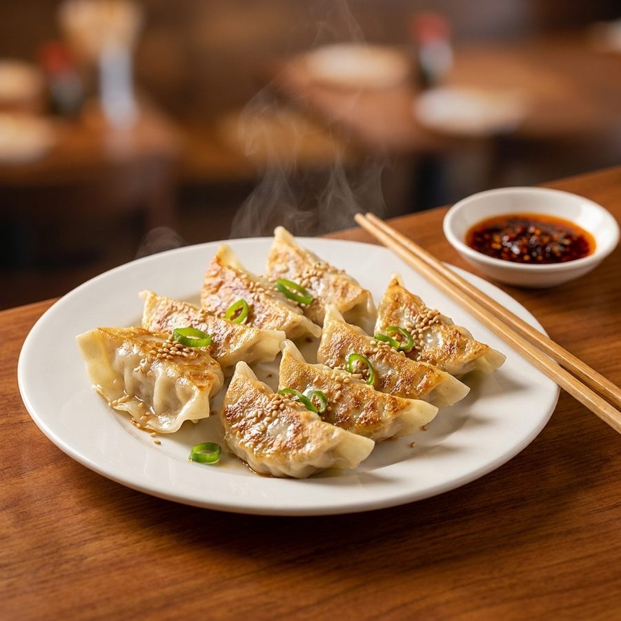 An underexposed phone photo of pan-fried dumplings edited into a brighter menu-ready image with sesame, scallion, and a dipping dish on a warm restaurant table