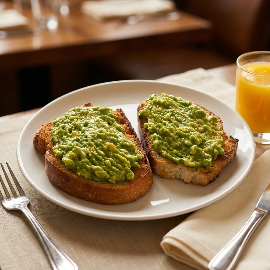 The same avocado toast before and after: harsh window backlight balanced and the plate restyled into a brighter menu photo on a warm cafe table, with the two avocado toast slices unchanged
