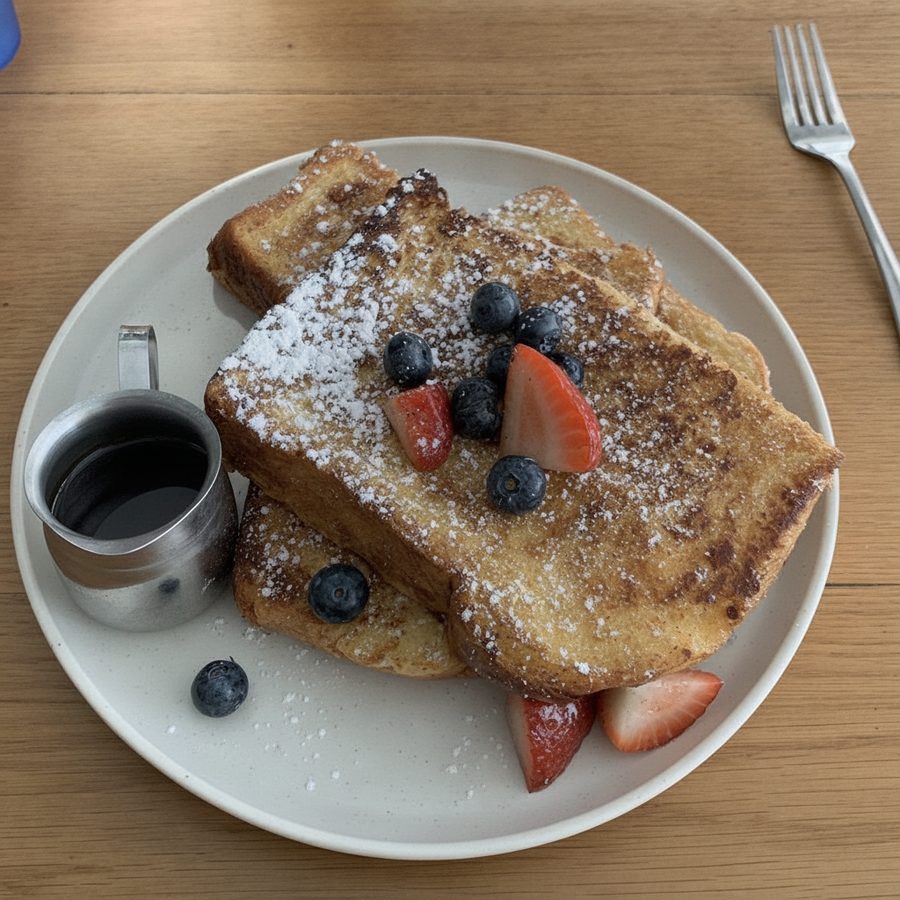 The same french toast before and after: the flat, dull lighting brightened and the color cleaned up, with the toast, powdered sugar, berries, and syrup jug unchanged on the same table