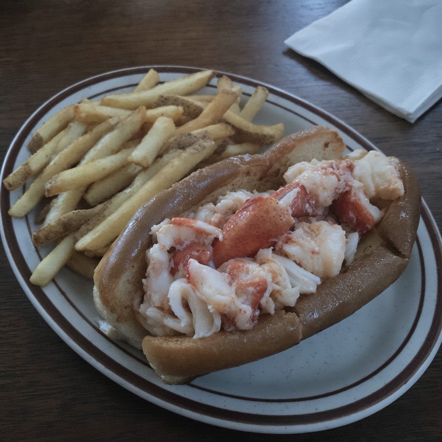 The same lobster roll before and after: the dim window light balanced and the exposure lifted, with the lobster meat, toasted bun, and fries unchanged on the same table