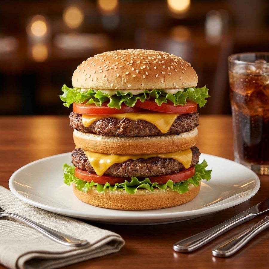 The same burger relit with balanced side light on a clean restaurant table, showing the same bun and filling layers