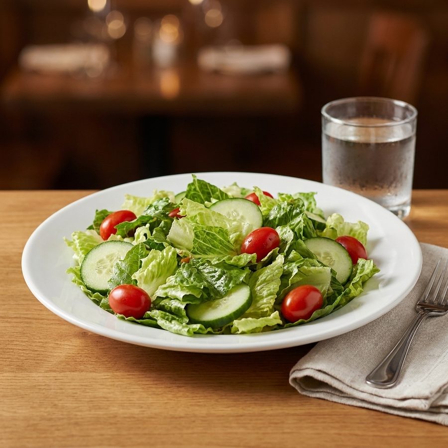 The same salad after a brighter, balanced relight on a clean restaurant table, with the greens and vegetables unchanged