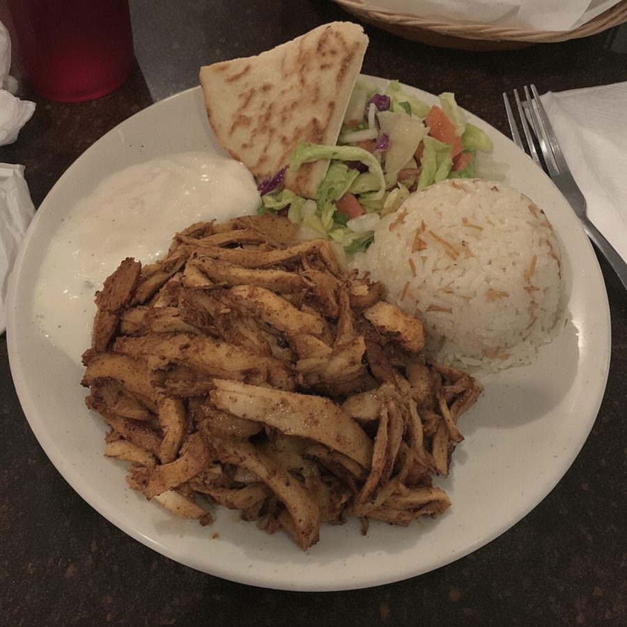 The same chicken shawarma plate before and after: the uneven, dim lighting evened out and the table tidied, with the sliced chicken, rice, salad, garlic sauce, and pita unchanged