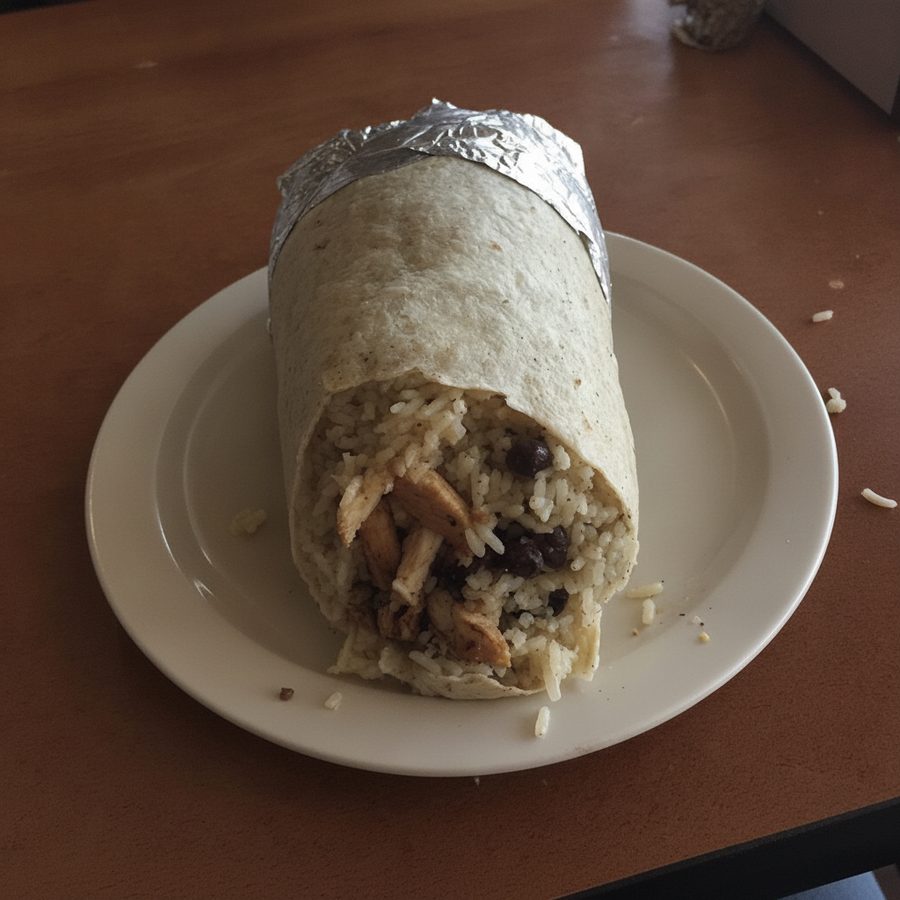 The same chicken burrito with the background tidied and framing rebalanced into a clean, upload-ready photo