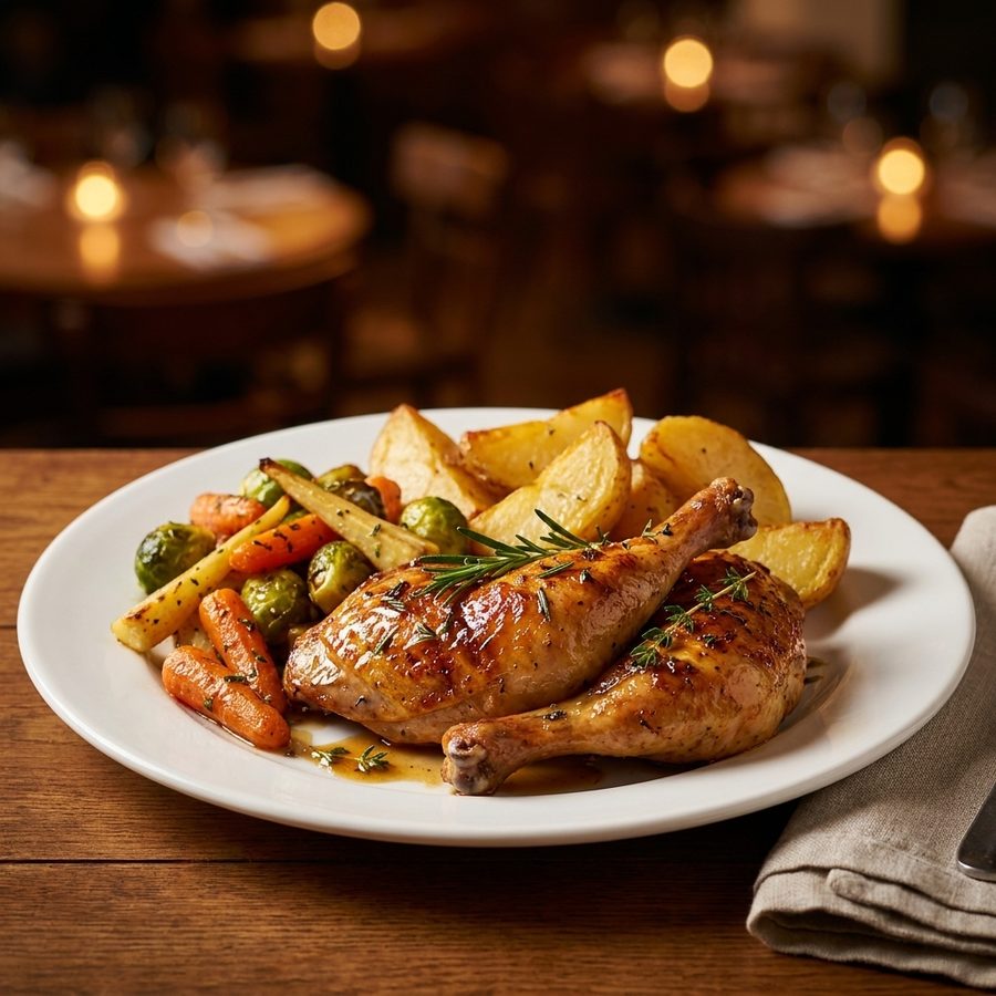 The same roast chicken plate relit and styled into a bright, appetizing menu-ready image with herbs, jus, and a vegetable side