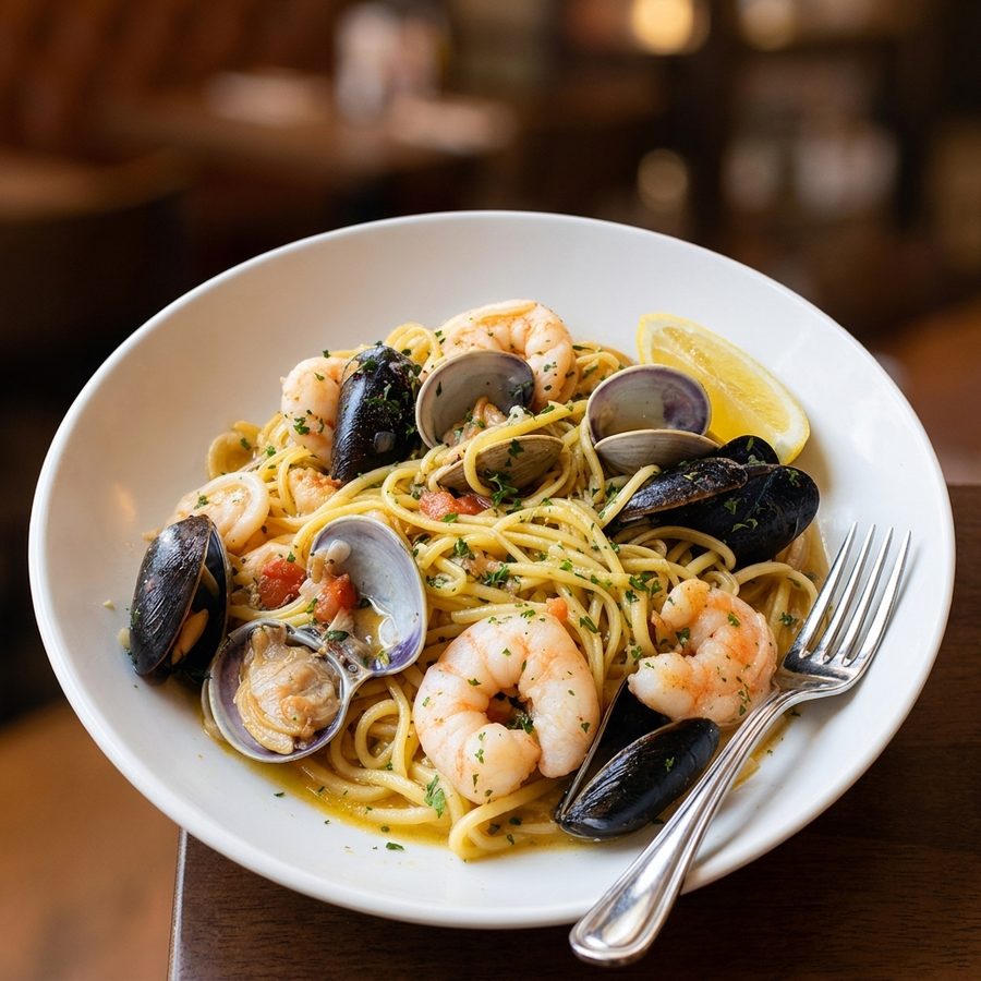 The same seafood pasta with the color cast corrected and a warm menu-ready finish, styled with a lemon wedge and fresh parsley