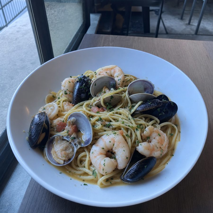 Seafood pasta shot in cool, blue-ish shaded window light before editing