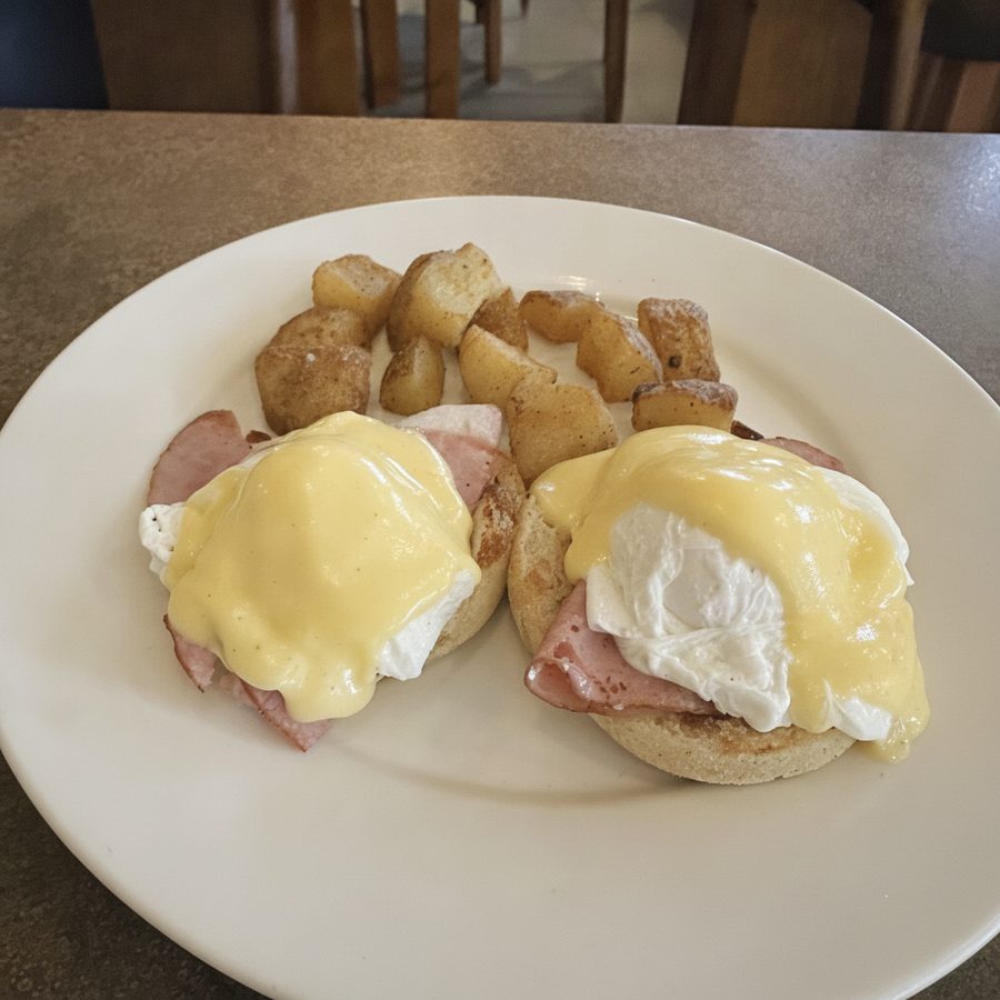 The same eggs benedict phone photo corrected to clean, natural, appetizing lighting and color