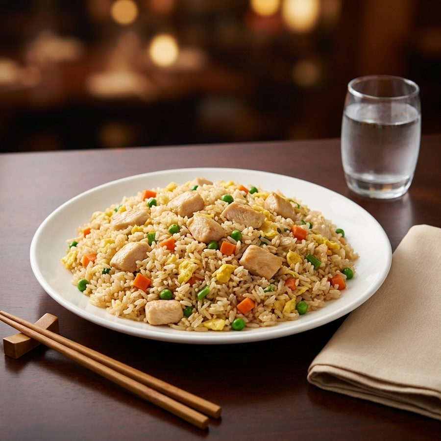The same chicken fried rice relit and color-corrected on a clean restaurant table, with the chicken, rice, egg, peas, and carrots unchanged