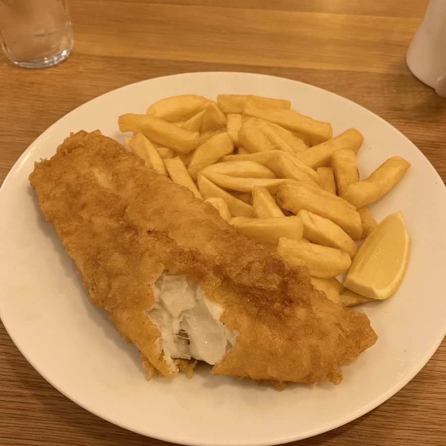The same fish and chips photo with the yellow cast neutralized to clean, natural white balance